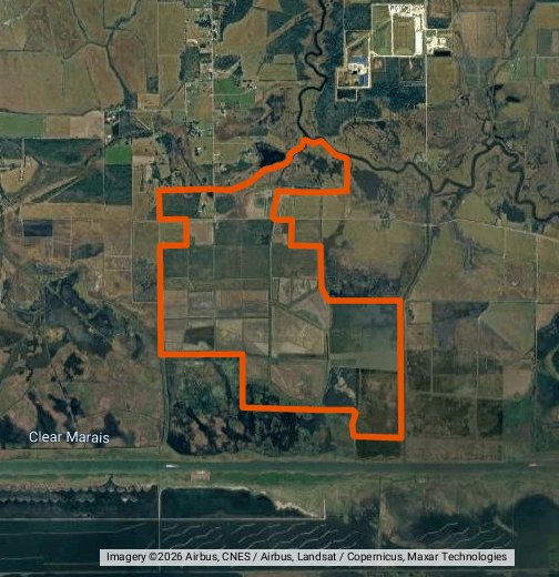 Satellite view showing the general Choupique Outfitters property boundary